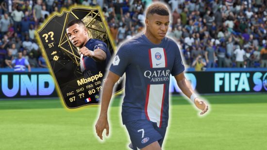 FC 24 Mbappe: Kylian Mbappe in a blue white and red PSG shirt with a mock-up FC 24 card floating behind him