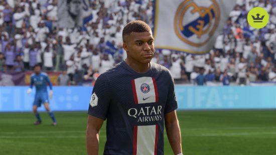FC 24 Mbappe: Kylian Mbappe in a PSG home kit with a white Real Madrid flag waving in the background