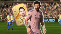 FC 24 Messi rating: Lionel Messi in a pink Inter Miami kit with a gold Ultimate Team card floating behind him