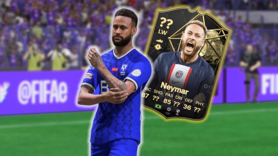 FC 24 Neymar rating: Neymar wearing the all-blue kit of Al Hilal, with a black FC 24 Ultimate Team card floating behind him