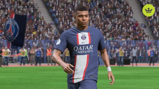 FC 24 PSG: Mbappe wearing the dark blue and white kit of PSG