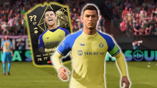 FC 24 Ronaldo rating: CR7 wearing the yellow and blue kit of Al Nassr, with a black Ultimate Team card floating behind him