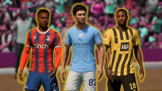 FC 24 Wonderkids: Three footballers stand in front of a blurred soccer crowd, each outlined in gold; Olise in a red and blue Crystal Palace shirt, Lewis in a sky blue Man City shirt, and Moukoko in a yellow and black striped Dortmund shirt