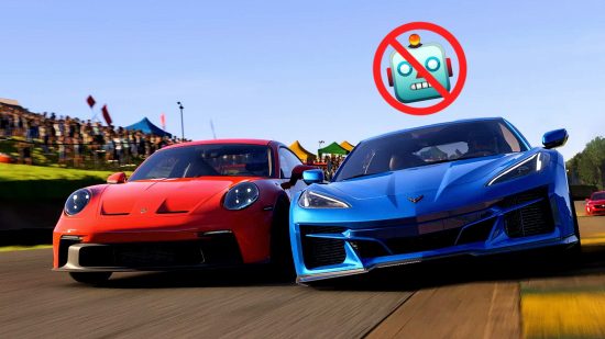 Forza Motorsport bots multiplayer: two cars racing with a robot emoji crossed out