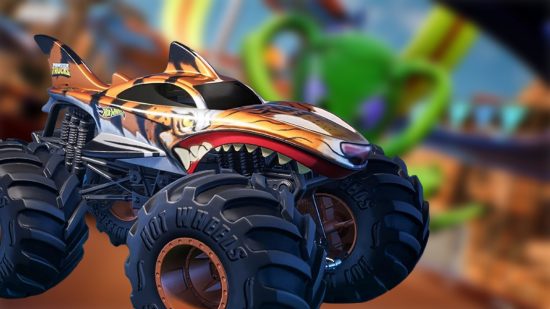 Hot Wheels Unleashed 2 game pass: Monster Truck from Hot Wheels Unleashed 2 in front of a racing track background