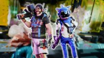 Hyenas preview: Two characters from Hyenas set against a blurred scene from the game; one has a massive machine gun over his shoulder and is wearing a black t shirt and white shorts, the other holds a small submachine gun and is dressed in a blue Sonic outfit