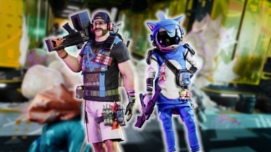 Hyenas preview: Two characters from Hyenas set against a blurred scene from the game; one has a massive machine gun over his shoulder and is wearing a black t shirt and white shorts, the other holds a small submachine gun and is dressed in a blue Sonic outfit