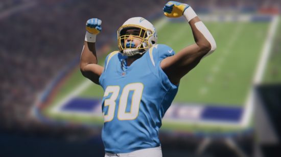 Madden 24 early access: Football player in number 30 jersey from Madden 24 trailer in front of a football stadium