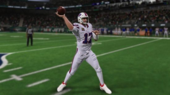 Madden 24 review: An NFL player wearing an all white kit midway through throwing a pass