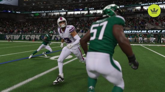 Madden 24 review: An NFL player in a white jersey looks to run around an oncoming opposition player in a green jersey