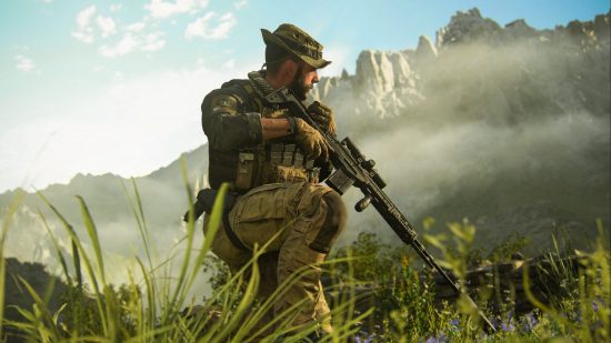 Fecha de lanzamiento de MW3: Capitán Price en una rodilla sosteniendo un rifle de barril largo en un área verde y cubierta de hierba