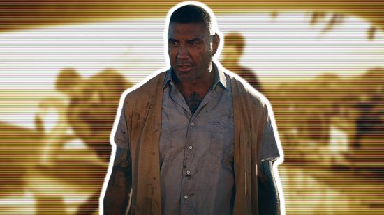 Mortal Kombat 1 Dave Bautista trailer: an image of Bautista in front of a scene from MK1