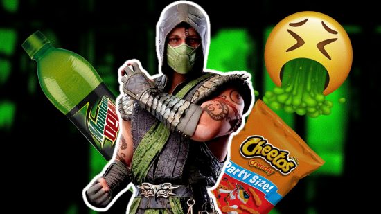 Mortal Kombat 1 new reptile design: an image of Reptile with Mountain Dew, Cheetos, and the puke emoji