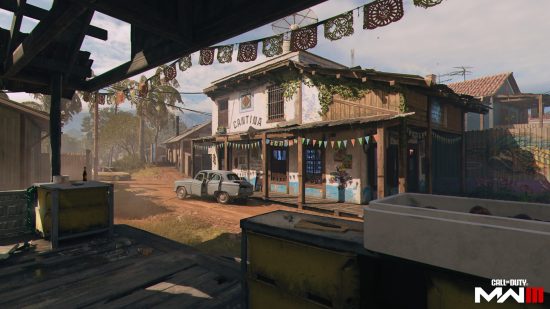 MW3 multiplayer: A scenic shot of the remastered Rundown map, depicting a large building with bunting.