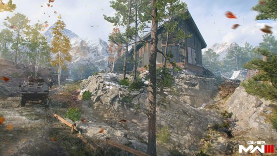 MW3 Çıkış Tarihi: Remastered Emlak Haritasının, ormanlık bir alandaki büyük bir eve giden yolda bir tankı gösteren doğal bir ekran görüntüsü