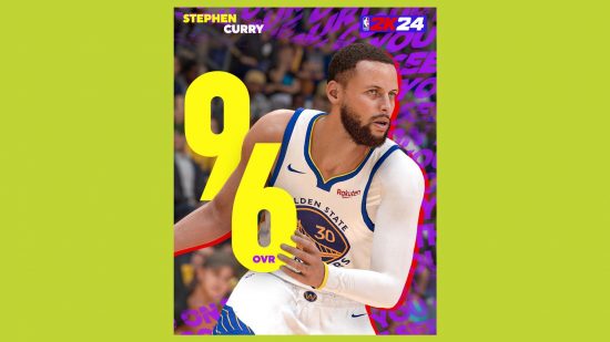 NBA 2K24 Steph Curry rating: A graphic showing Steph Curry in NBA 2K24 with the number 96 floating next to him