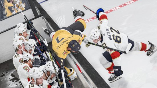 NHL 24 early access: A player pushing another player into the benches.
