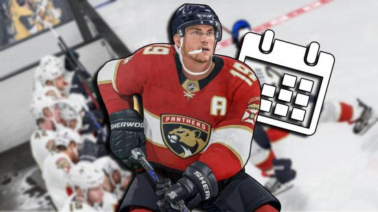 NHL 24 release date: Matthew Tkachuk at the ready, with a calendar icon behind him.