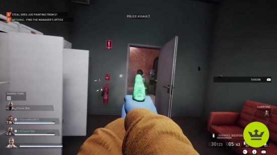 Payday 3 Game Pass: A player aiming their green pistol at an enemy in a doorway.