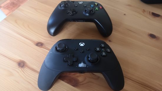 PowerA Fusion Pro 3 Wired Xbox controller besides a regular Xbox controller.