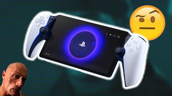 PS5 PlayStation Portal price: an image of the device with the rock and the eyebrow raise emoji