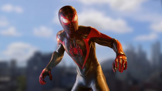 Spider-Man 2 PS5 pre-load: Miles Morales from Spider-Man 2 trailer in front of a New York City background