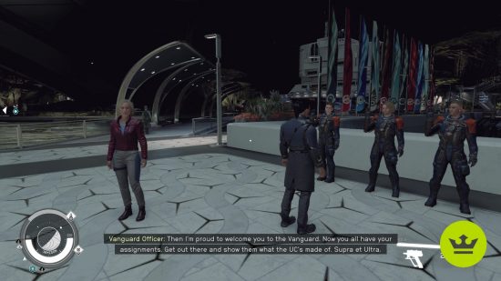 Starfield cities: A player looking at United Colonies recruits in New Atlantis city.