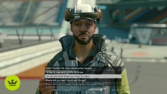 Starfield ship customization: A player talking to a ship services technician.
