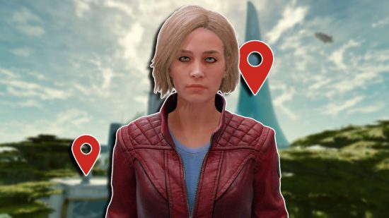 Starfield New Atlantis: Sarah Morgan, head of Constellation in the city, against a blurred background of the location, with two map pin markers.