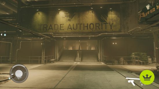 Starfield New Atlantis: The front of the Trade Authority shop in the city.