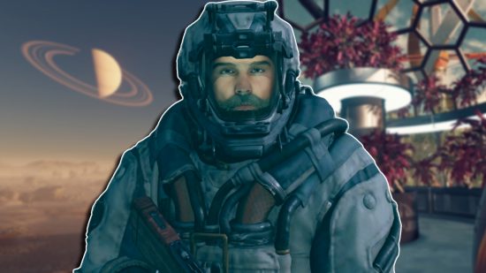 Starfield outposts: A player in a spacesuit against a blurred background of a planet on the left and an outpost on the right.