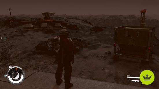 Starfield outposts: A player looking out over their outpost base.