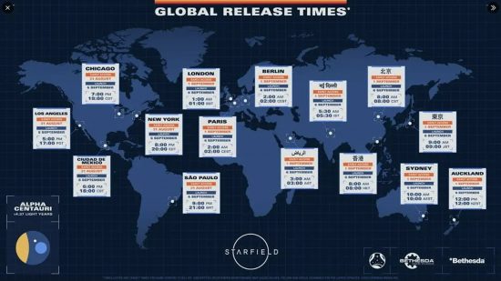 Starfield release time: A graphic showing time zones on a dark blue map of the world 
