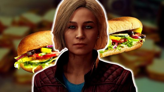 Starfield Subway sandwich spaceship: an image of a blonde woman with a Subway sandwich
