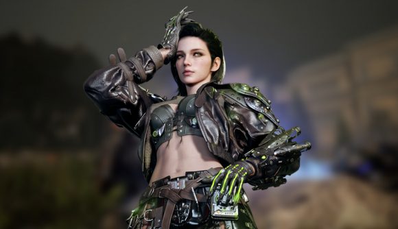 The First Descendant beta: Freyna from The First Descendant in front of an in-game screenshot