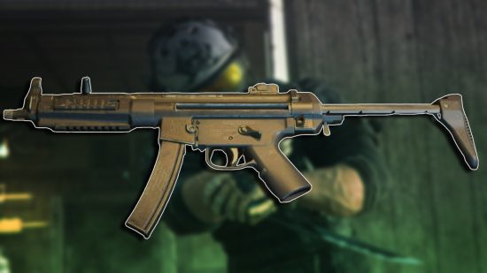 Warzone Lachmann Sub loadout: The Lachmann Sub SMG build against a blurred background of a soldier aiming a pistol.