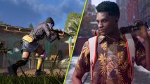 XDefiant best loadouts: A split image showing a woman running with an assault rifle and a close up of a man in a tropical shirt with a gun resting on his shoulder