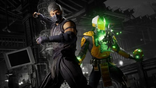 MK1 Konquest mode: Two fighters in Mortal Kombat 1 - one is dressed in all black with a black face mask, the other wears black and yellow armor with a glowing green mechanical saw erupting from their chest