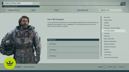 Starfield best traits: The Hero Worshipped trait in the customization screen.