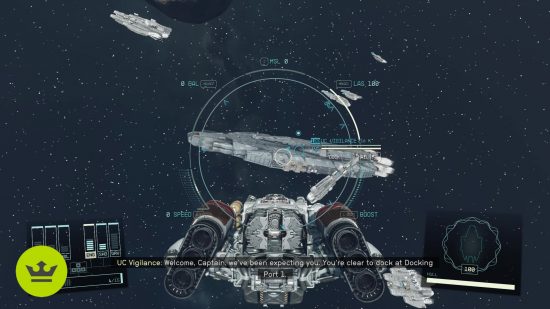 Starfield how to dock: The player's ship ready to dock with the UC Vigilance in Deep Cover.