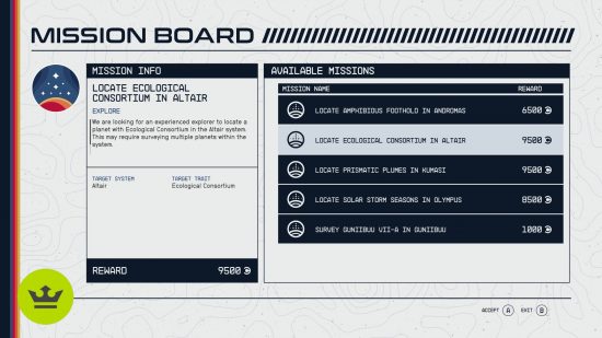 Starfield Mission Board: The Explore mission type.