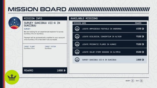 Starfield Mission Board: Survey mission type.