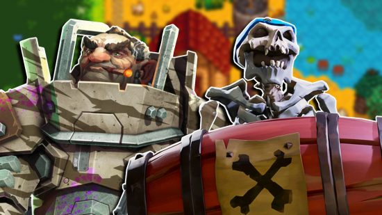Best co-op games: A Gunner Dwarve from Deep Rock Galactic on the left, and a skeleton holding a red barrel from Sea of Thieves on the right, set against a blurred background of Stardew Valley gameplay.
