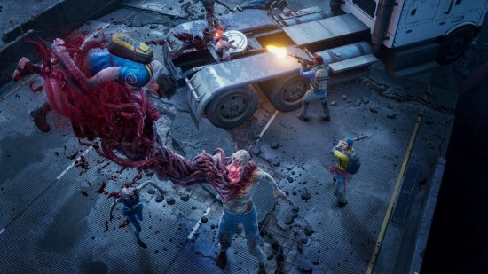 Best co-op games: A large zombie holding a player in the air as other players attack the creature in Back 4 Blood.