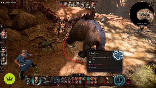Best co-op games: A group of characters fighting a large bear creature in Baldur's Gate 3.