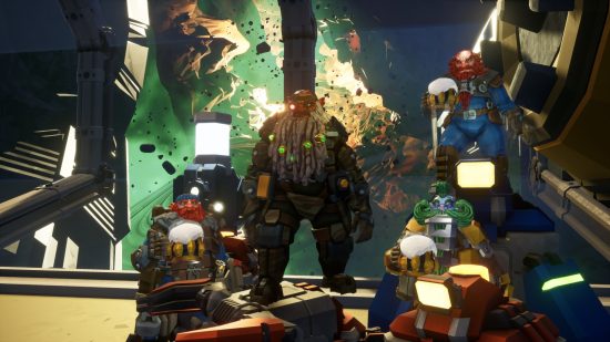 Best co-op games: A group of Dwarves gather in the space station in Deep Rock Galactic.