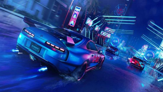 Best co-op games: Cars racing through neon-lit city streets in The Crew Motorfest.