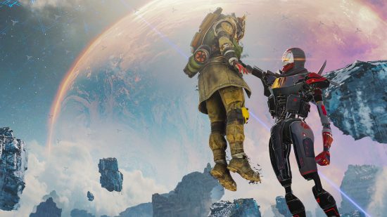 Best crossplay games: Revenant holding Bloodhound in the air against a backdrop of a planet in Apex Legends.