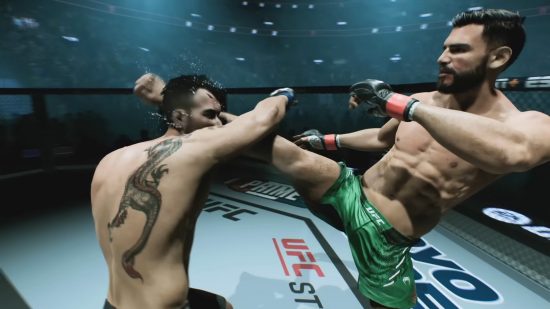 Best fighting games: a man in green shorts kicking another fighter in the head in UFC 5