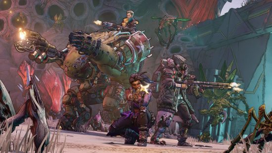 Best FPS games: Characters from Borderlands 3 standing in back to back in a circle, firing at enemies charging at them.